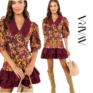 Avara Betty Burgundy and Brown Floral Mini Dress Sz S NWT